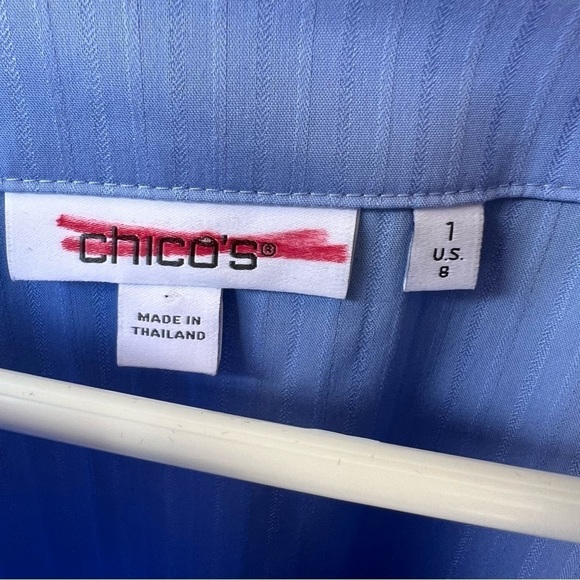 CHICO’S No Iron Stretch Blue Shadow Stripe Top Balloon Sleeves Size Medium NWT - Picture 6 of 9
